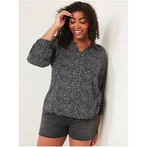 Old Navy Long-Sleeve Shirred Floral-Print Poet Blouse Women's L Black White